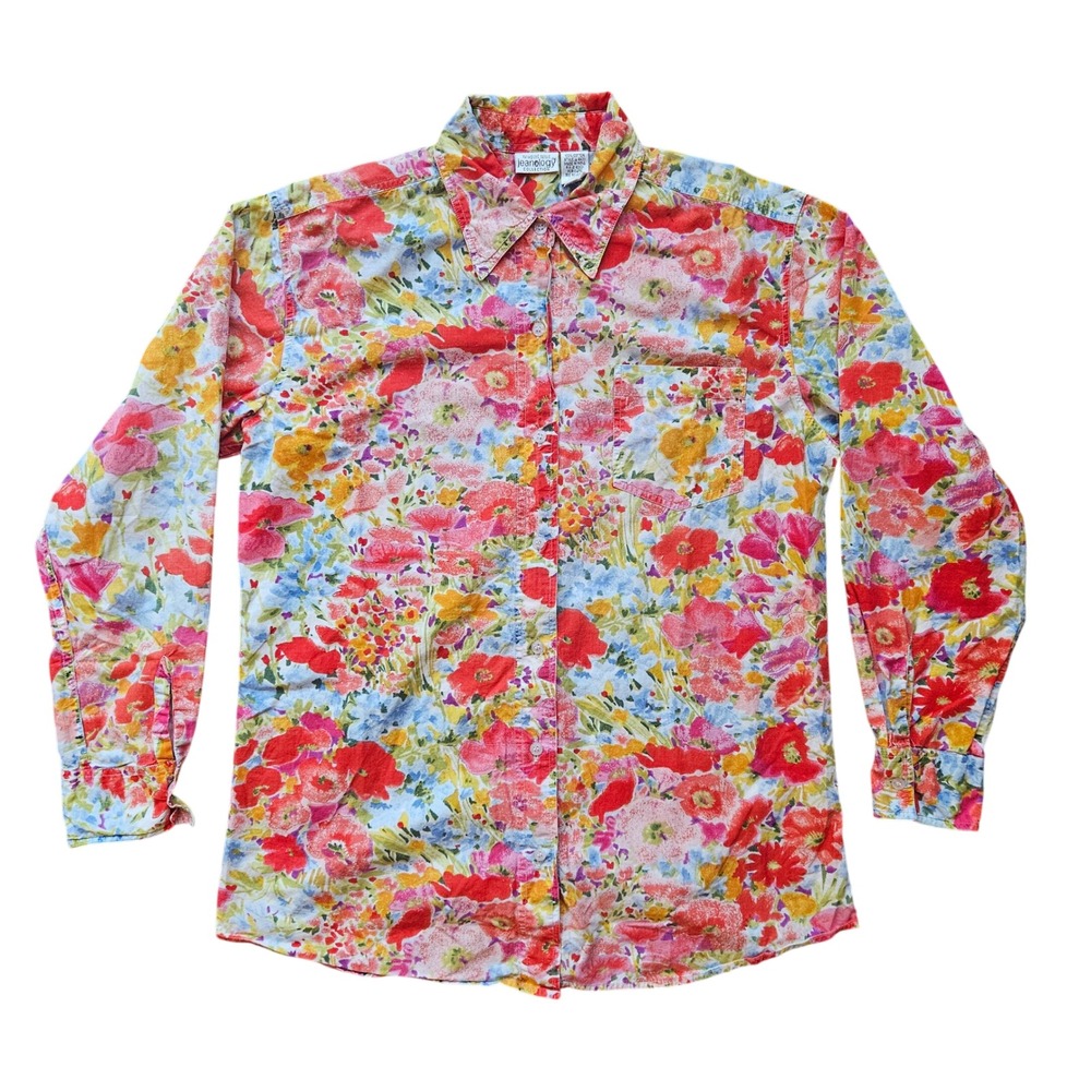 Newport News Jeanology Floral Button Down Shirt Womens Medium Cotton Multicolor